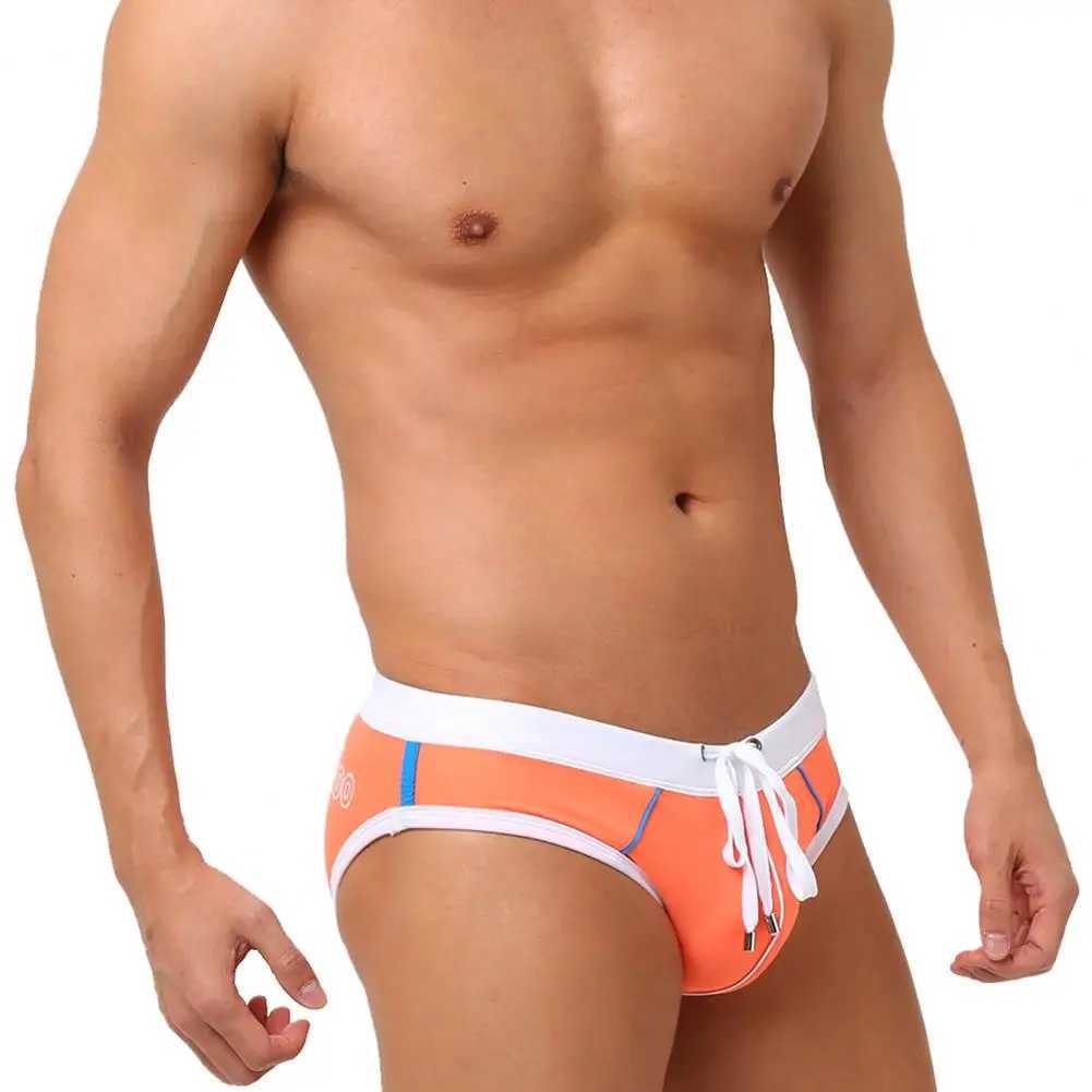 Mens Swim Shorts Stretchy Swim Briefs Mens Quick-drying Patchwork Color Swimming Briefs for Beach Surfing Push-up Swimwear W250214