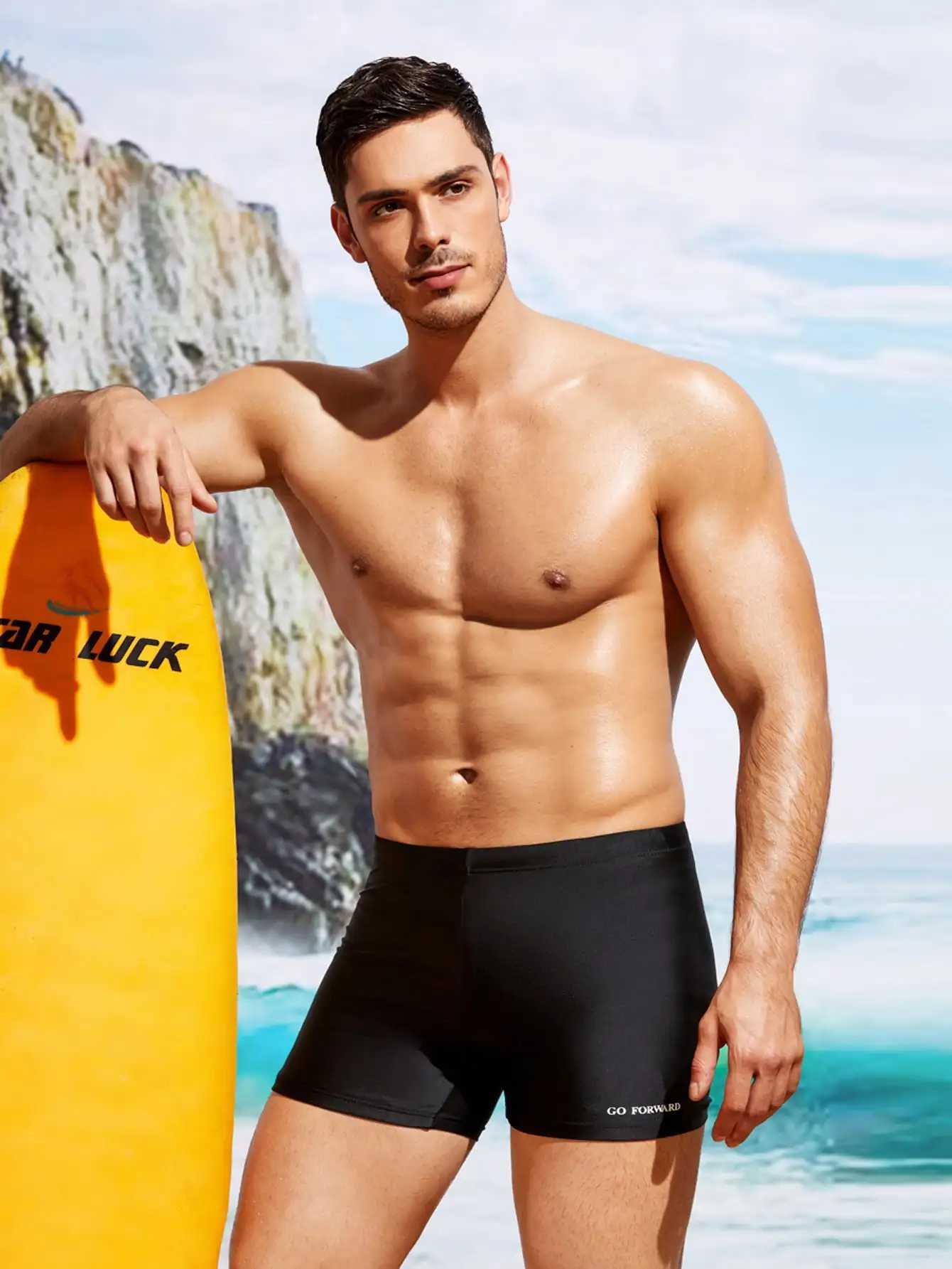 Mens Solid Color Training Tight Flat Corner Swim Pants W250214