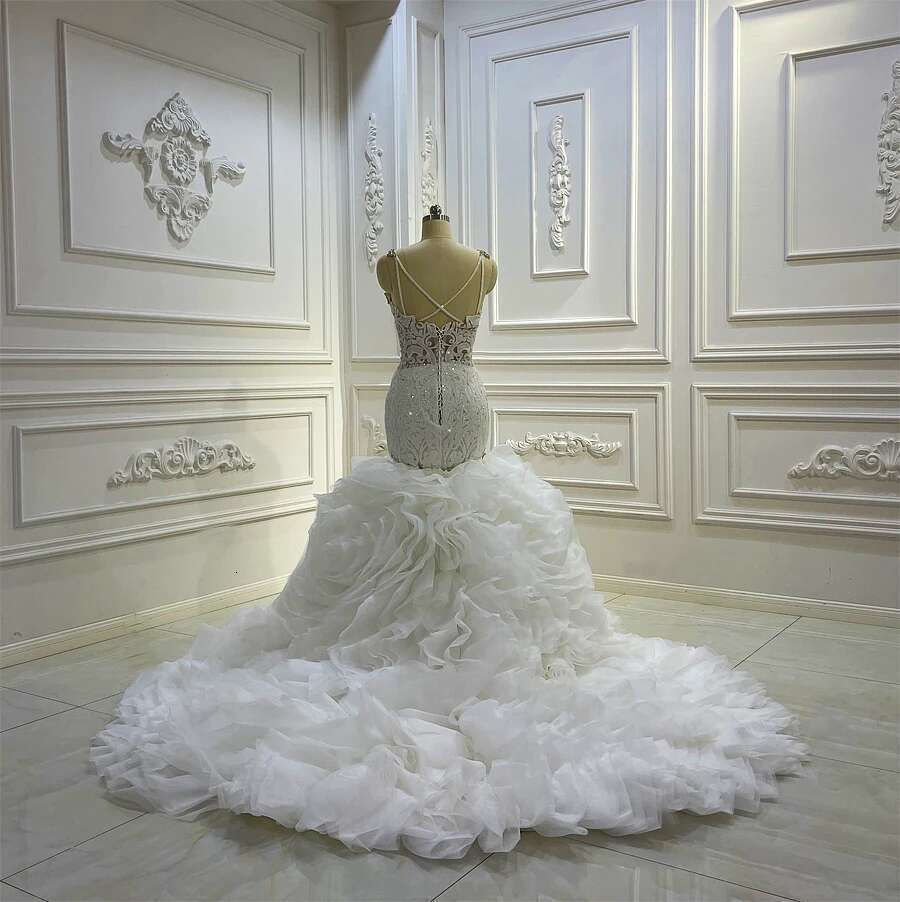 AM1454 New Design Lace deep V-neck 2 In 1 Ruffles Mermaid Wedding Dress