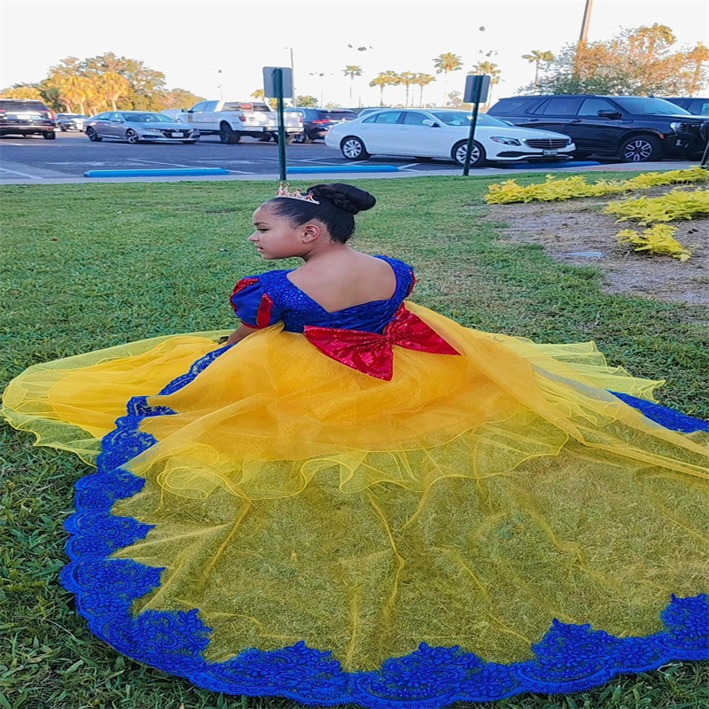 Blue And Gold Flower Girls Dress 2025 Short Sleeve Sequin Mariachi Kid Pageant Party Lace First Communion Birthday Dress Princess Kids Vestio De Novia