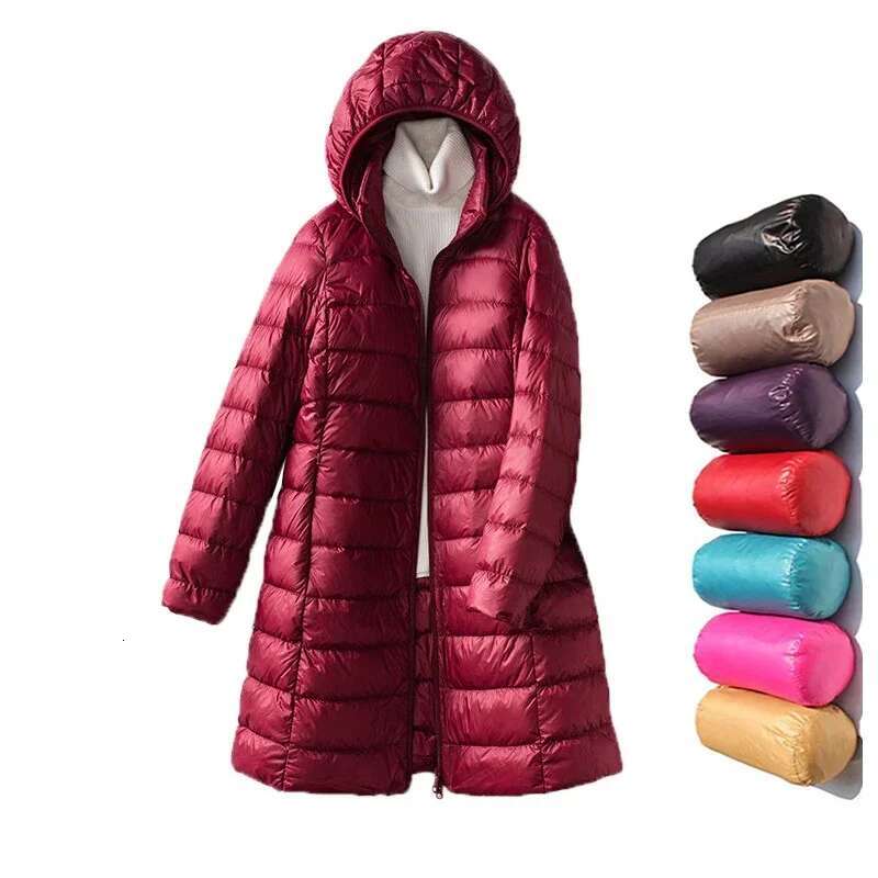 Plus Size Hat Detachable Hooded Coat Winter Women Light Thin White Duck Down Jacket Parkas Ladies Long Warm Puffer Outwears