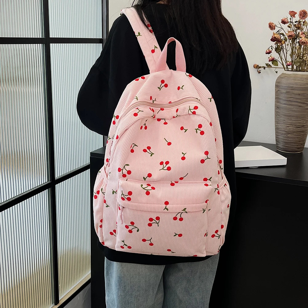 Corduroy Backpack Cherry Pattern Women Travel Daypack Adjustable Strap Laptop Backpack Zipper for Work Shopping School 250214
