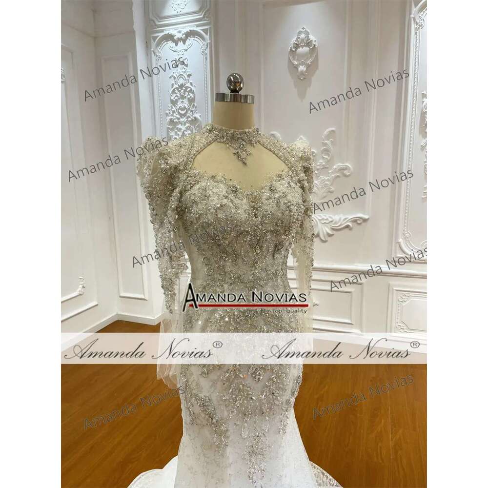 Custom Stylish Long Sleeves High Neck with Detachable Cover Mermaid Bridal Dress