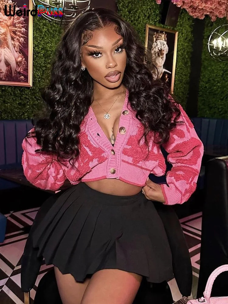 Weird Puss y2k Sweet Cardigan Sweater Women V-Neck Button Autumn Stylish Casual Long Sleeve Warm Wild Streetwear Knit Jumper 250206