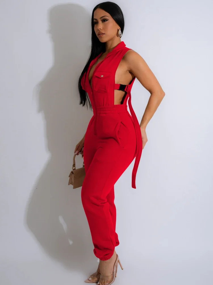 Leosoxs Women Single Breasted Pocket Front Buckle Open Side Active Jumpsuit Chic Fashion One Piece Suit Romper Playsuit 250213