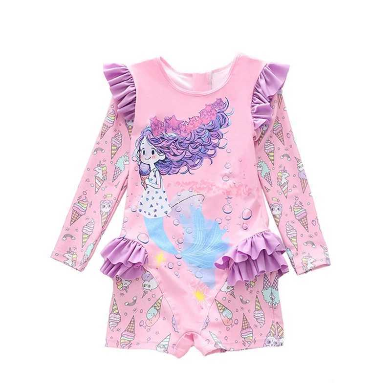 2-9 Years Children Girls Swimsuit Mermaid Printed Sun Protection Long Sleeve Swimwear Princess Girls Beachwear Holiday Z250214