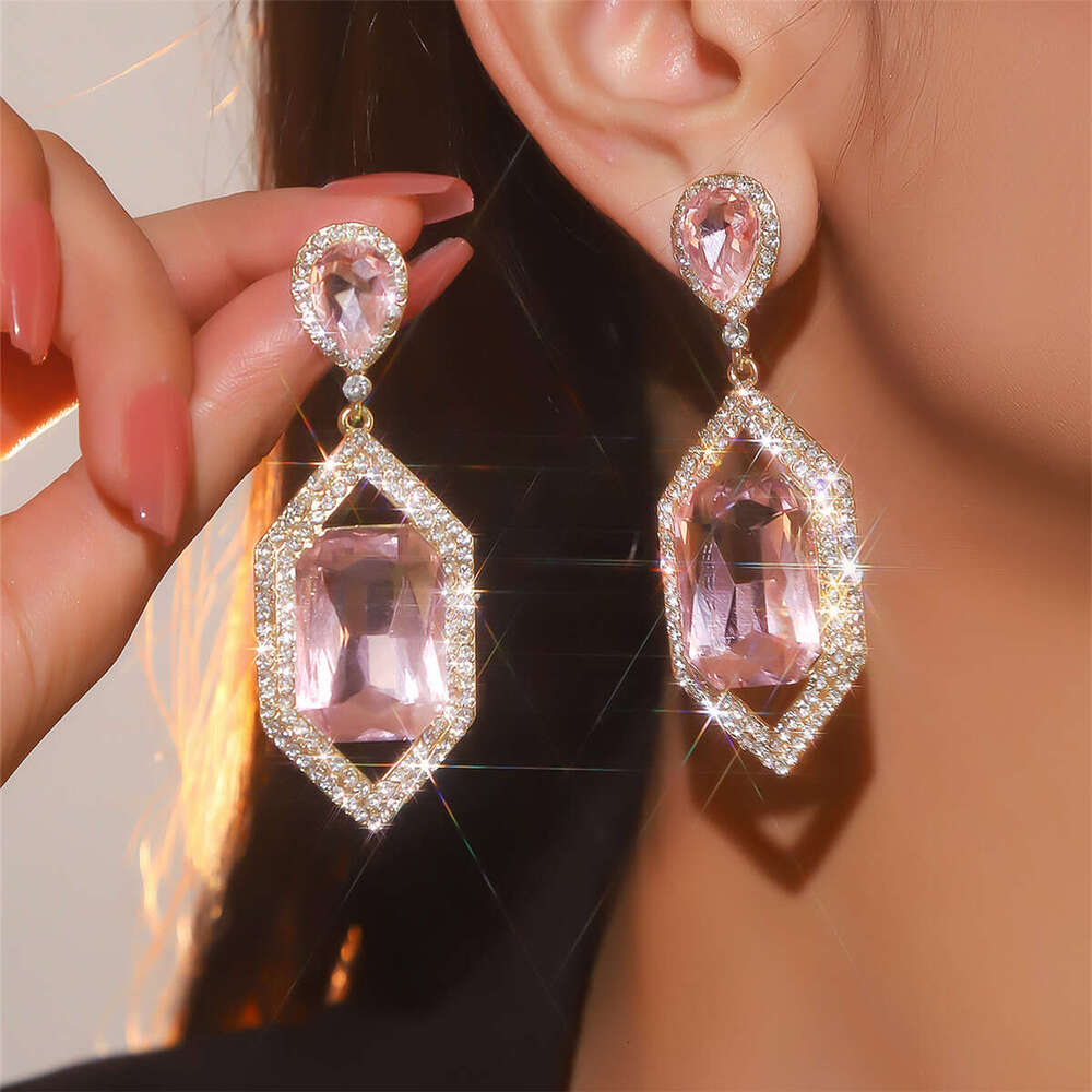Temperament colored glass rhie earrings with exaggerated female personality, fashionable earrings, temu