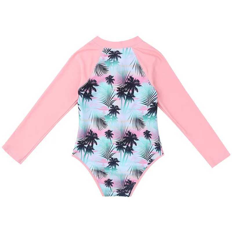 Summer Swimming One-piece Kids Girls Swimsuit Rash Guard Long Sleeves Palm Printed Zippered Bathing Suit Swimwear Beach Wear Z250214