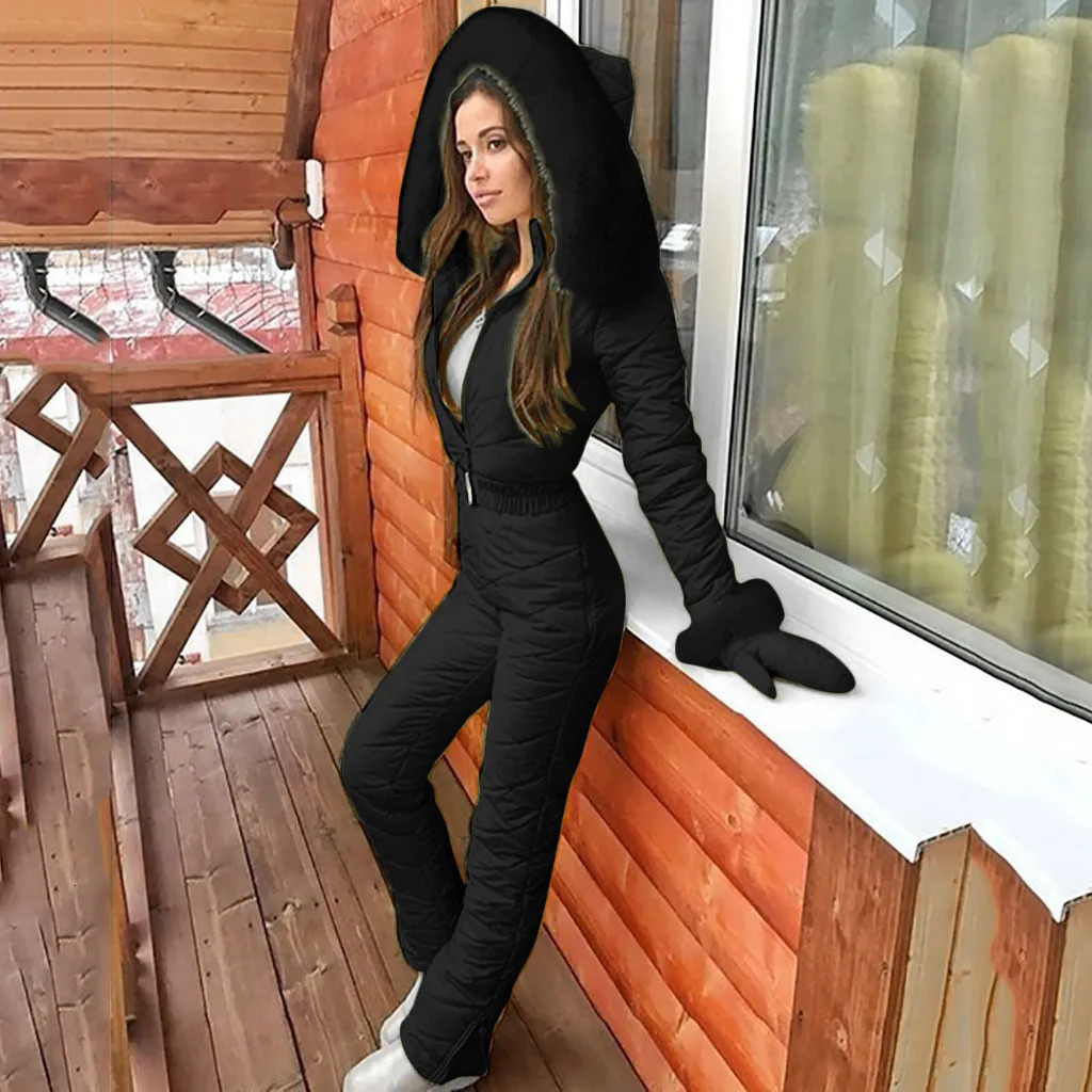 Solid Color Ski Jacket WomenS Sports Jumpsuit Fashion Casual Hoodie Zipper Ski Suit Winter Warm Jumpsuits 250213