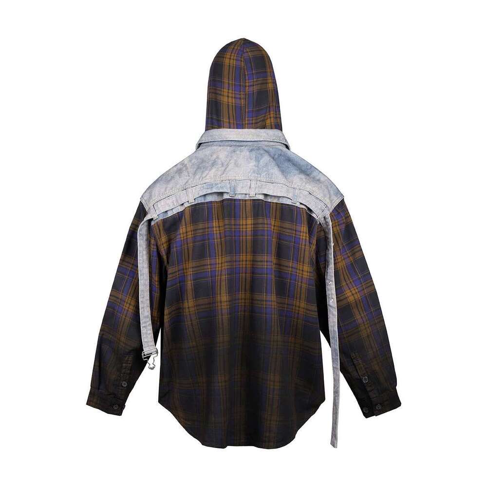 Haruku Contrast Gradient Color Plaid Hooded Shirt For Men Streetwear Single Breasted Long Sleeve Shirts Oversized