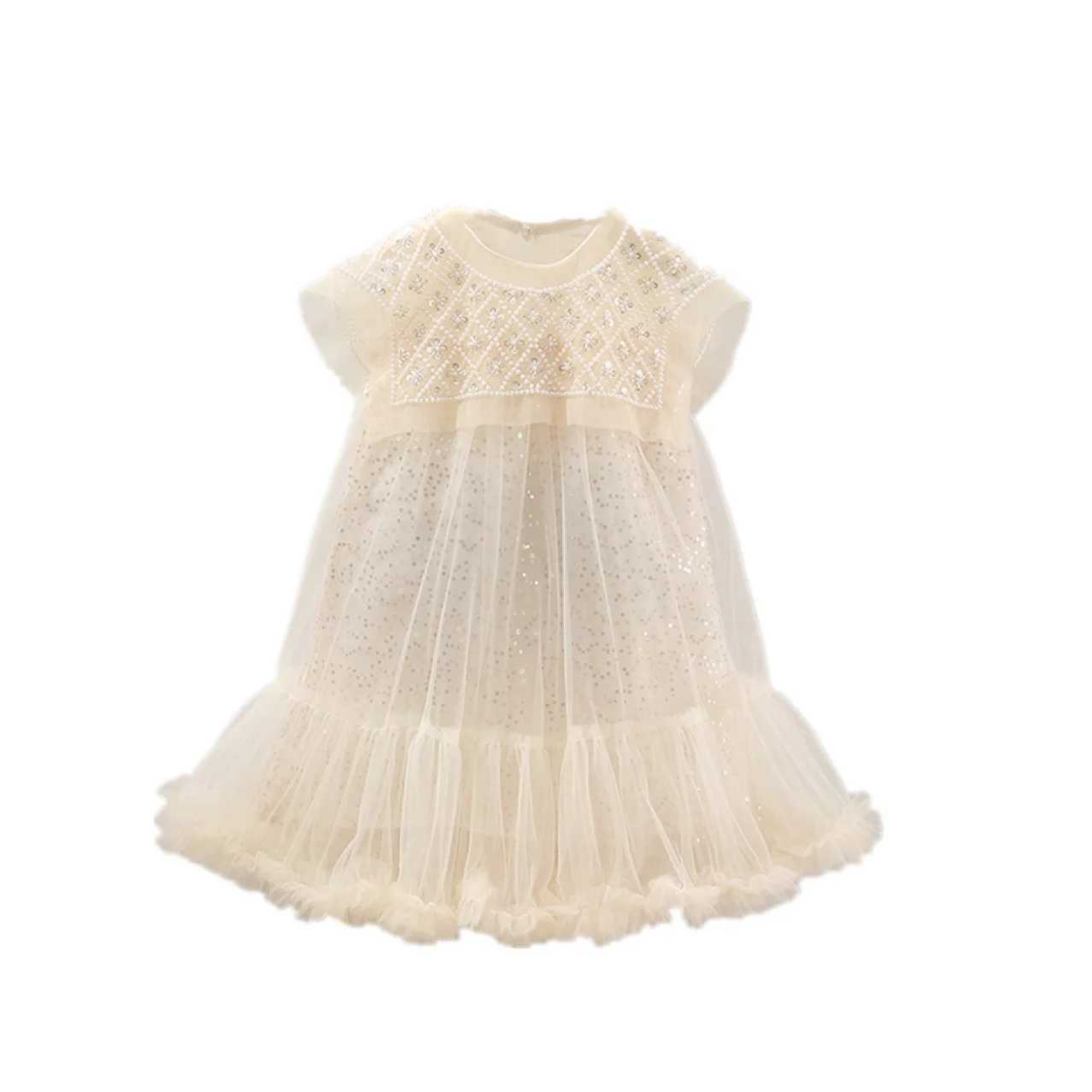 New 2023 Girls Prin cess Dress Casual Spring Summer Childrens Wear Korean Pearl Neck Princess Dress Fashion Yarn Dress Z250214