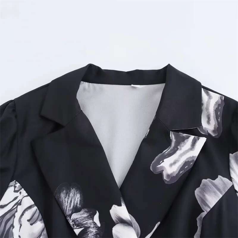 2025 Autumn New Women's Ral Print Pleated Dress French Style Fashion Notched Collar Slim Long Sleeve MIDI Dresses