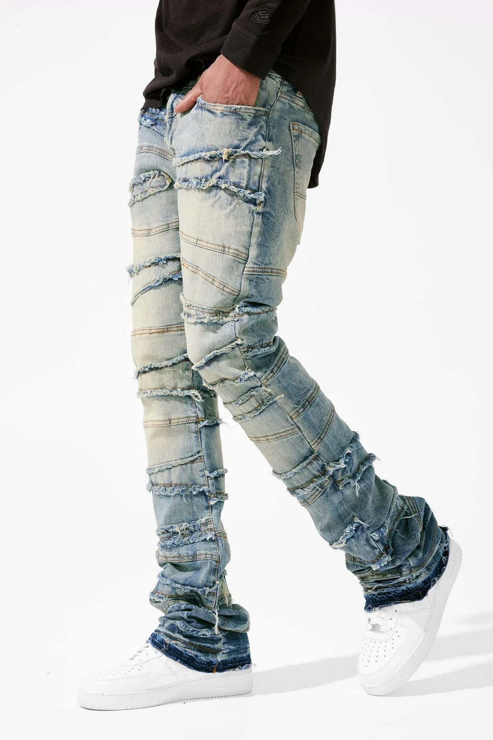 Stacked Jeans Men Patchworks Spliced Denim Ripped Wash Frayed Pants Males Streetwear 250210