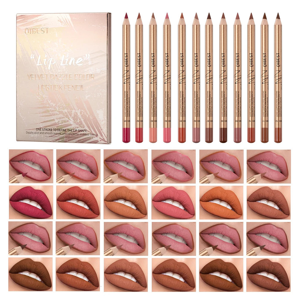 12 Pcs Lip Liner Contour Matte Lipstick Pencil Set Waterproof Velvet Nude Lipstick Pencil Sexy Red Brown Pigments Non-stick Cup 250214