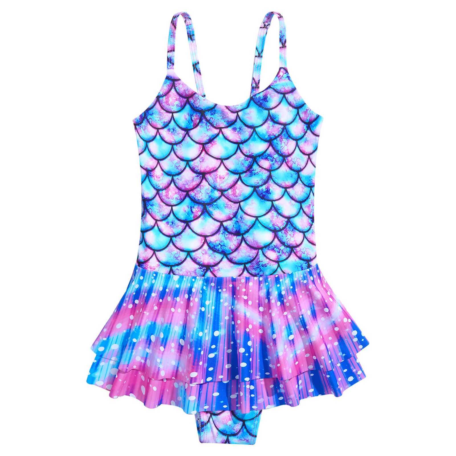 Kids Girls One-piece Swimsuit Mermaid Fish Scales Print Leotard Ruffle Jumpsuit Surfing Bathing Suit Beachwear Swim Rash Guard Z250214