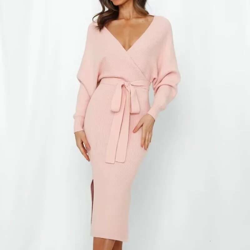 European And American Style Deep V-Neck Long-Sleeved Knitted Dress, Feminine Side Slit Hip-Hing Skirt