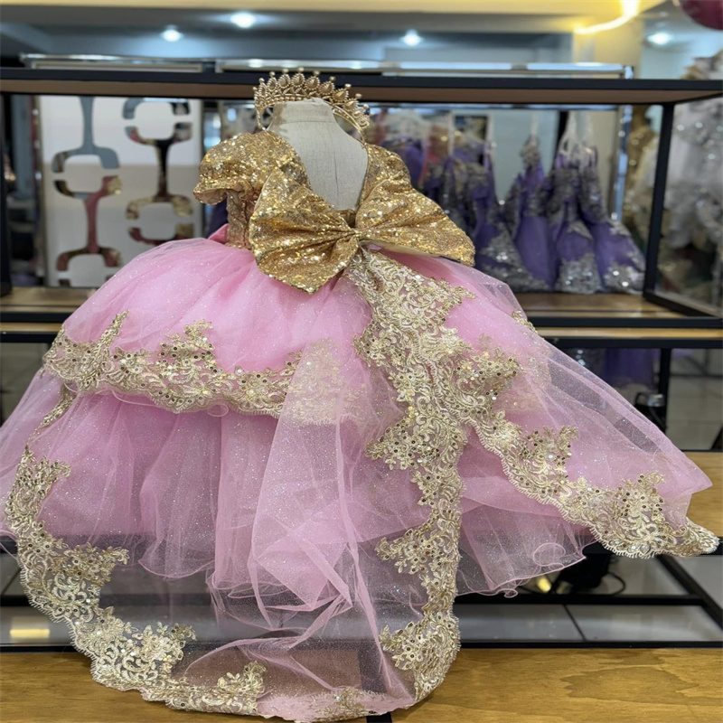 Princess Pink And Gold Flower Girls Dress 2025 Sequin First Holy Communion Dress Birthday Pageant Bow Lace Babyshower O Neck Sequin Kids Dress With Bo