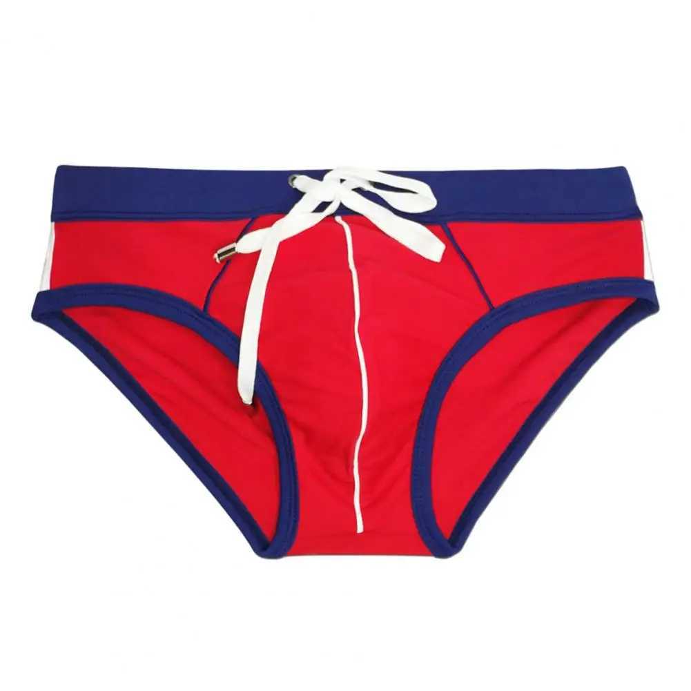 Simple Line Print Swimwear Mens Quick-drying Patchwork Color Swimming Briefs for Beach Surfing Push-up Swimwear with Breathable W250214