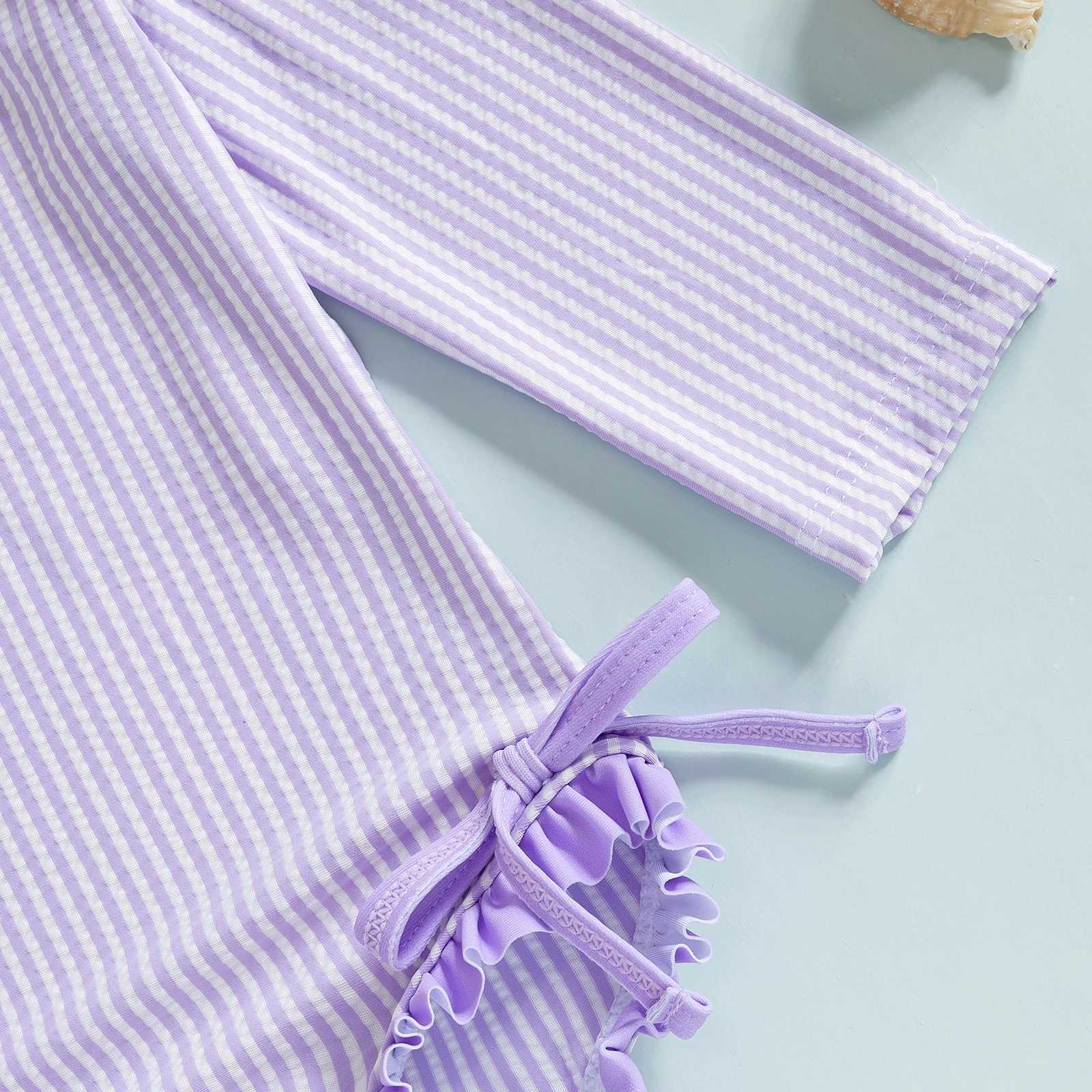 Yiiciovy Toddler Girls Ruffle Swimwear Beach Wear Princess Rash Guard Swimsuit with Hat Striped Long Sleeve Baby Bathing Suit Z250214