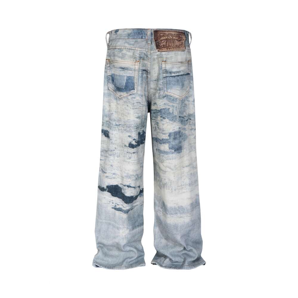 High Street Tie Dye 3D Print Frayed Baggy Blue Jeans For Men And Women Wide Leg Casual Loose Denim Trousers Oversized