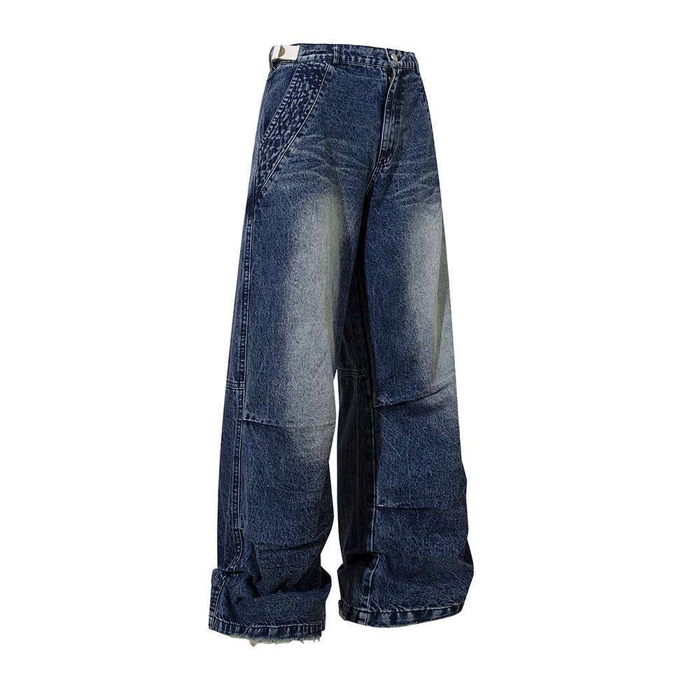 Haruku Washed Vintage Blue Baggy Jeans For Men And Women Straight Ropa Hombre Knee Pleated Denim Trousers Oversize Cargo Pants