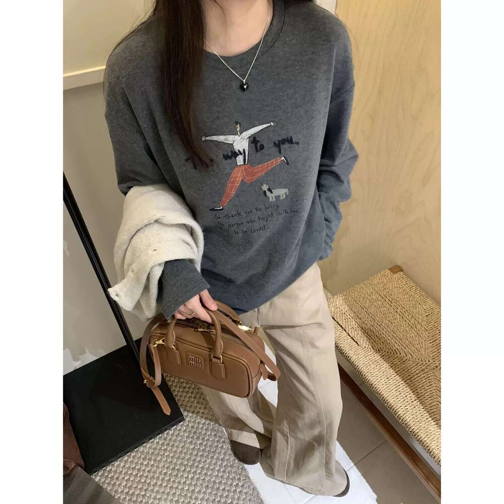 Cartoon Character Letter Embroidery Long Sleeved T-Shirt For Women In Autumn Winter, Brushed Warm Loose Tee