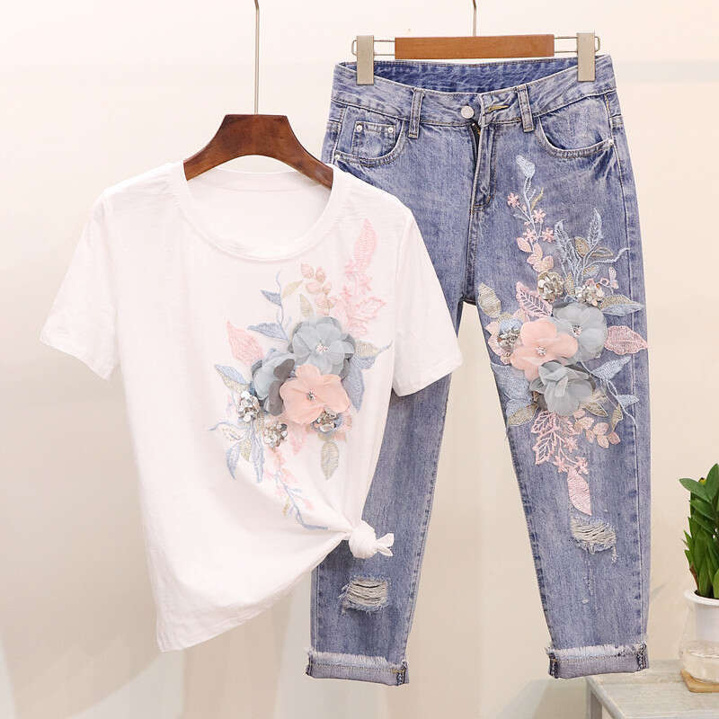 Cowboy suit women's summer 2024 new embroidered sequin three-dimensional flower short sleeved t-shirt+ripped cropped jeans