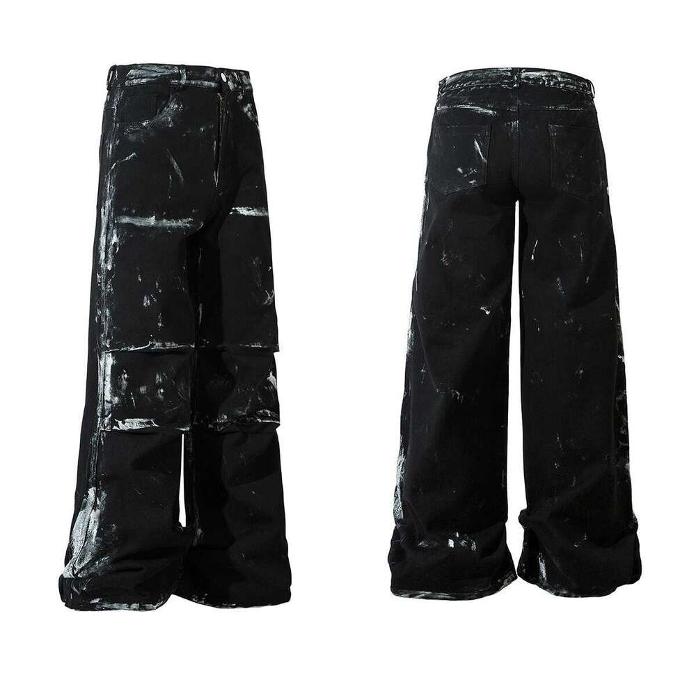 Hand Graffiti Pleated Straight Baggy Black Jeans Pants For Men And Women High Street Ropa Hombre Loose Denim Trousers Oversized