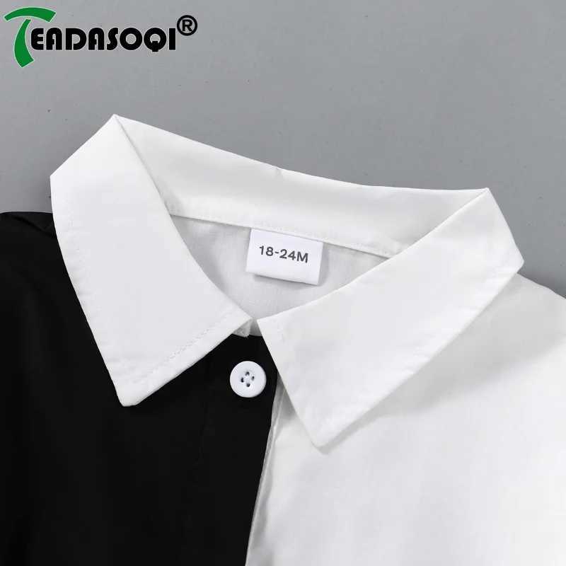 1-6Y Summer Kids Girl Lapel Shirt Dress Splicing Colors Long-sleeve Single-breasted Irregular Dresses With Belt Children Clothes Z250214