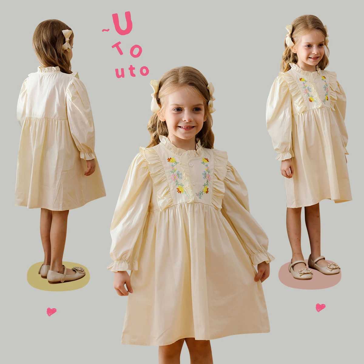 Girls Dress Flower Embroidery Stand Up Collar Kids Girls Dress 2025 Spring Ruffled Long Sleeved Sweet Childrens Princess Dress Z250214
