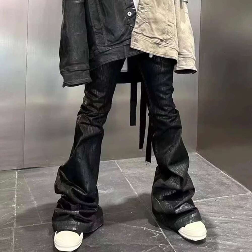 Ro Style Ribbons Matte Coated Stretch Black Flare Pants For Men And Women Lace Up Baggy Leather Trousers Streetwear Boot Cut