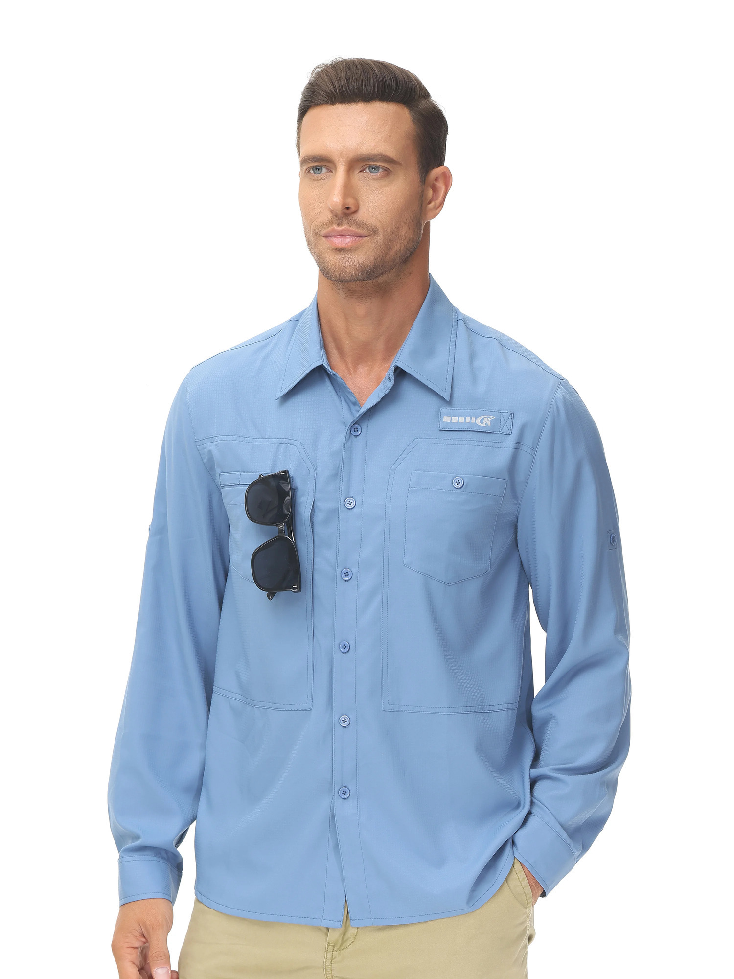 Mens breathable fishing shirt foldable sleeves UPF 50casual hiking cargo shirt buttons shirt zipper pocket 250211