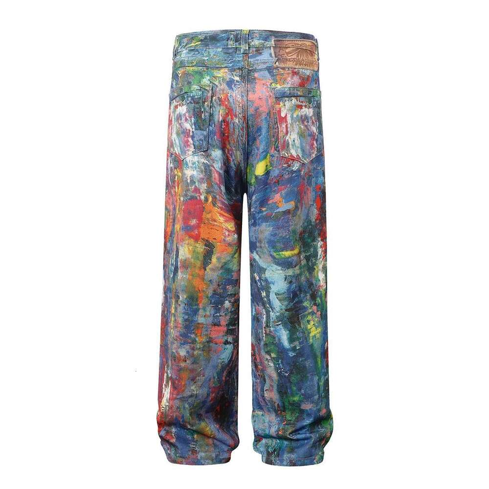 3D Color Printing Splashed Ink Oil Paint Jeans Mens And Womens Streetwear Straight Ropa Hombre Loose Wide Leg Denim Trousers
