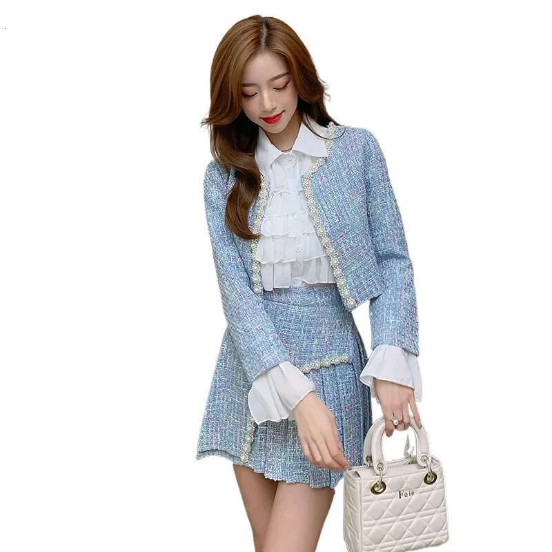 New Style Jacket Socialite Suit Coarse Tweed Plus Size Outwear High Waist Skirt Shirt Three Piece Set For Mid...