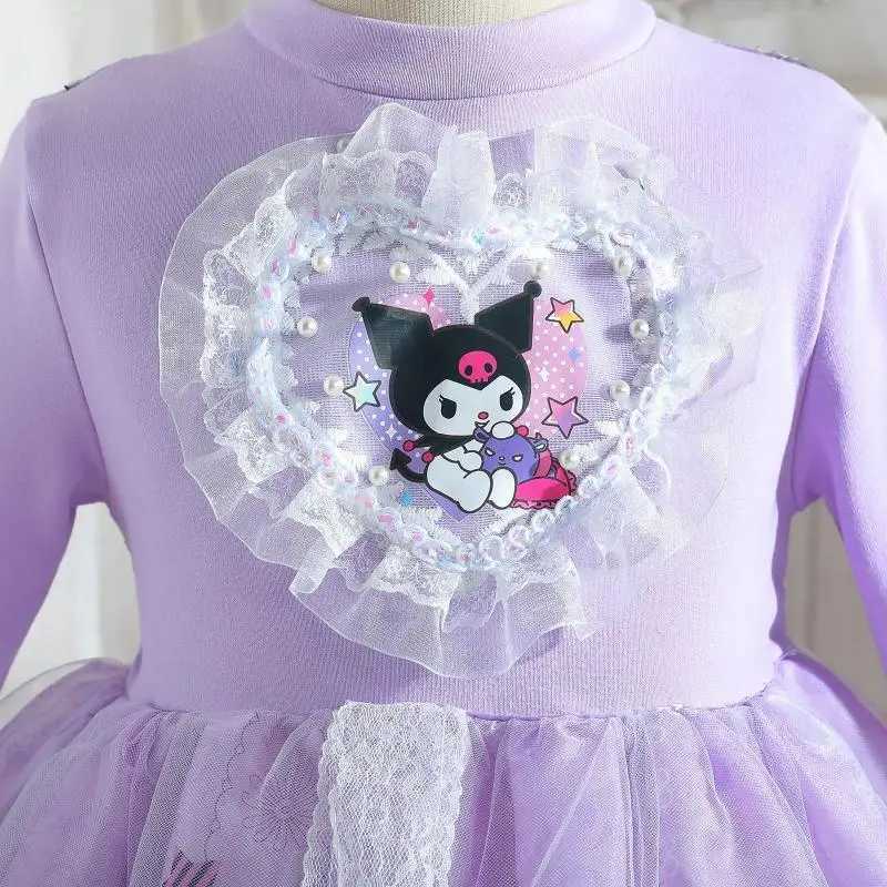 Girl Dress Sanrios Kuromi Cute New Kaii Spring Autumn Sweet Long Sleeves Cotton Chiffon Anime Figure Mesh Fashion Z250214
