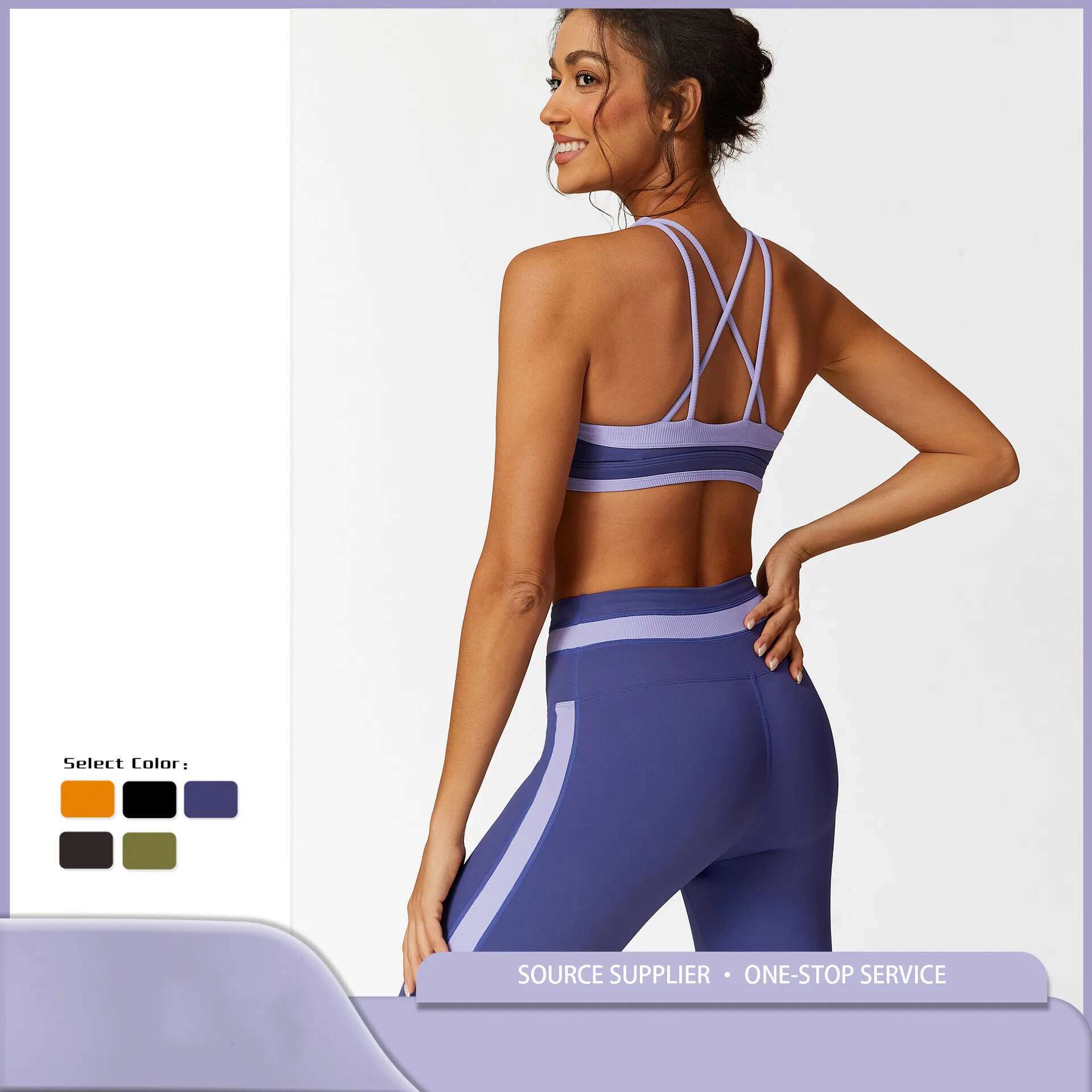 Yoga Sets 2 Pieces Women Clashing Color Ribbed Sports Suits Shockproof Bra&High Waist Leggings Elastic Gym Workout Clothing