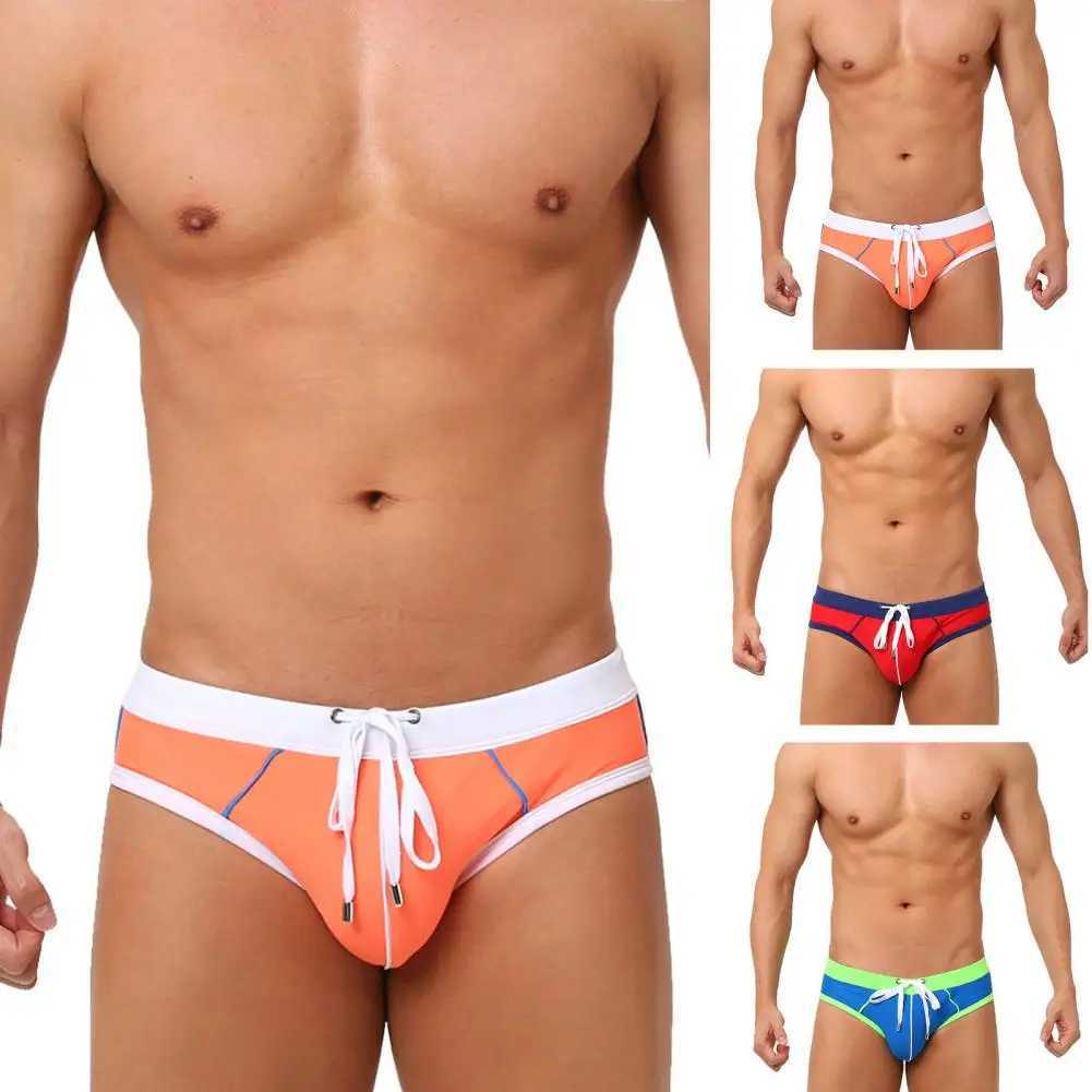 Simple Line Print Swimwear Mens Quick-drying Patchwork Color Swimming Briefs for Beach Surfing Push-up Swimwear with Breathable W250214
