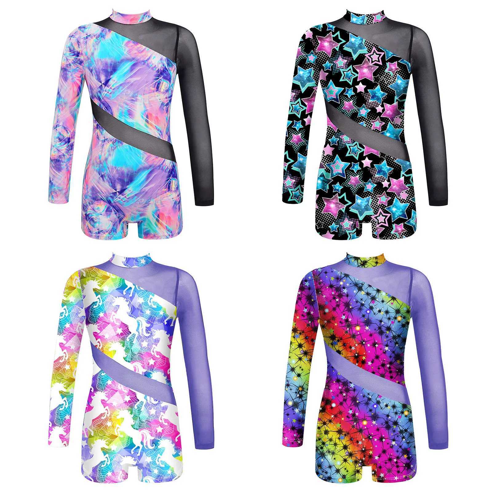 Kids Girls Long Sleeve One-piece Swimsuit Mock Neck Zipper Sheer Mesh Patchwork Dance Gymnastics Bodysuit Swimwear Beachwear Z250214