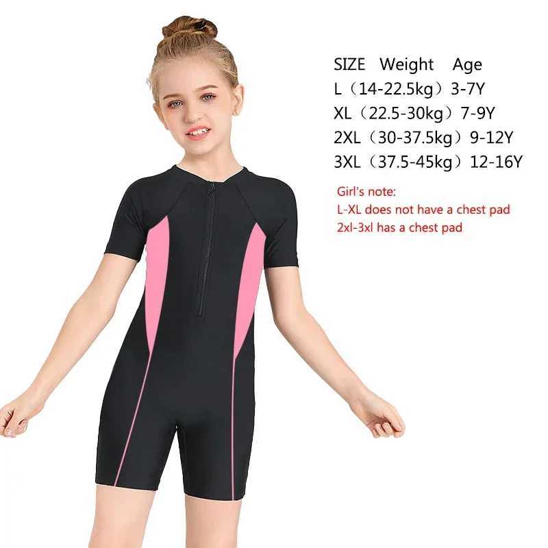 Kids Boys Girls One-piece Swimsuit Zipper Sunscreen Fashion Color Matching Short-sleeved Diving Suit Swimming Pool Swimsuit Z250214