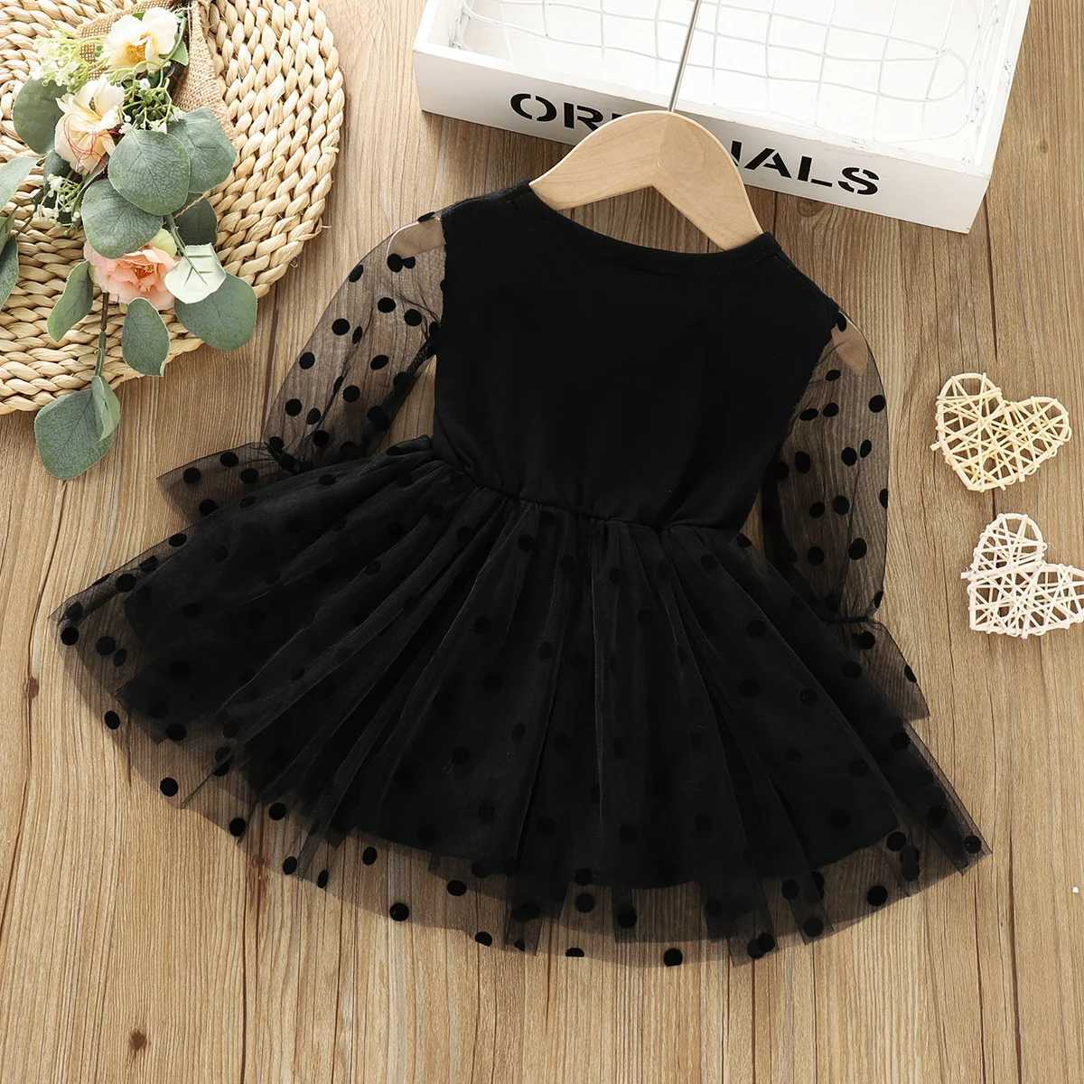 New Girls Dress Spring Polka Dot Mesh Stitching Long Sleeve Princess Dresses Autumn Black Little Girl Costume Z250214