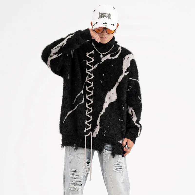 Front Lace Up Tie Dye Frayed Neck Sweaters Men's High Street Retro Casual Oversized Unisex Woolen Clothes Knitted Sweater