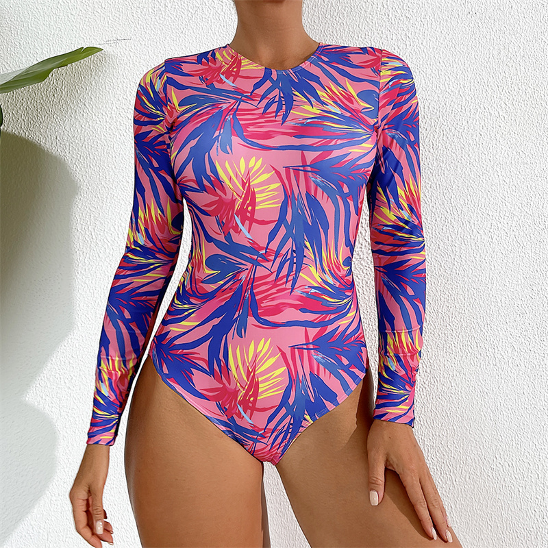 Women's Long Sleeve Bathing Suit One Piece Swimsuit Floral Print Swimwear high-neck rash guards