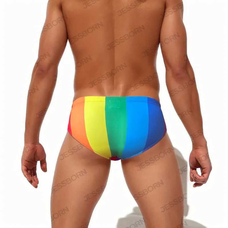Mens Swimming Trunks Mens Swimsuit Rainbow Coarse Stripes Swim Briefs Quick Drying Beach Shorts Board Surf Bathing Suit Swimwear W250214