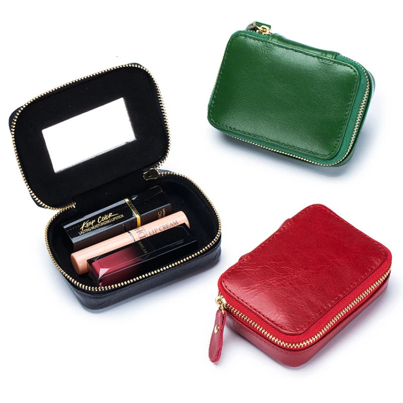 Ladies Genuine Leather Lipstick Small Square Bag with Mirror Cute Makeup Bag for Womens Jewelry Box Mini Coin Storage Bag 250207