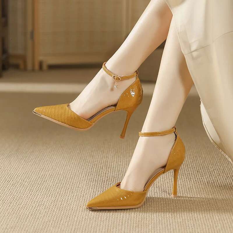 Size 31-43 Metal Point Toe Anti-Kick 9Cm High Heels Women Patent Leather Hollow Two-Piece Thin Heel Shoes