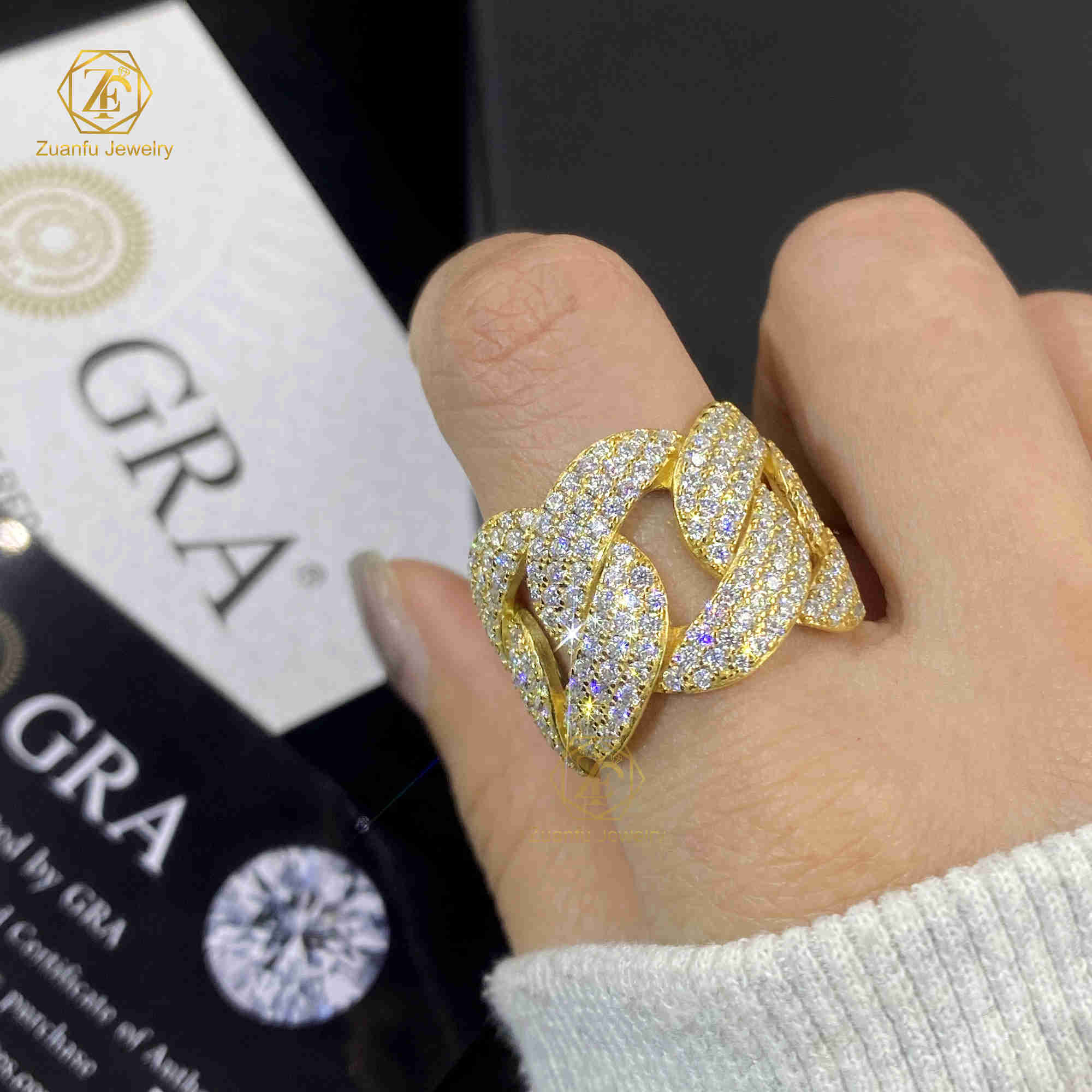 Moissanite Diamond 7MM 18MM Cuban Link Hip Hop Ring Gold Plated 925 Sterling Silver VVS Finger Band Ring Fine Jewelry for Men