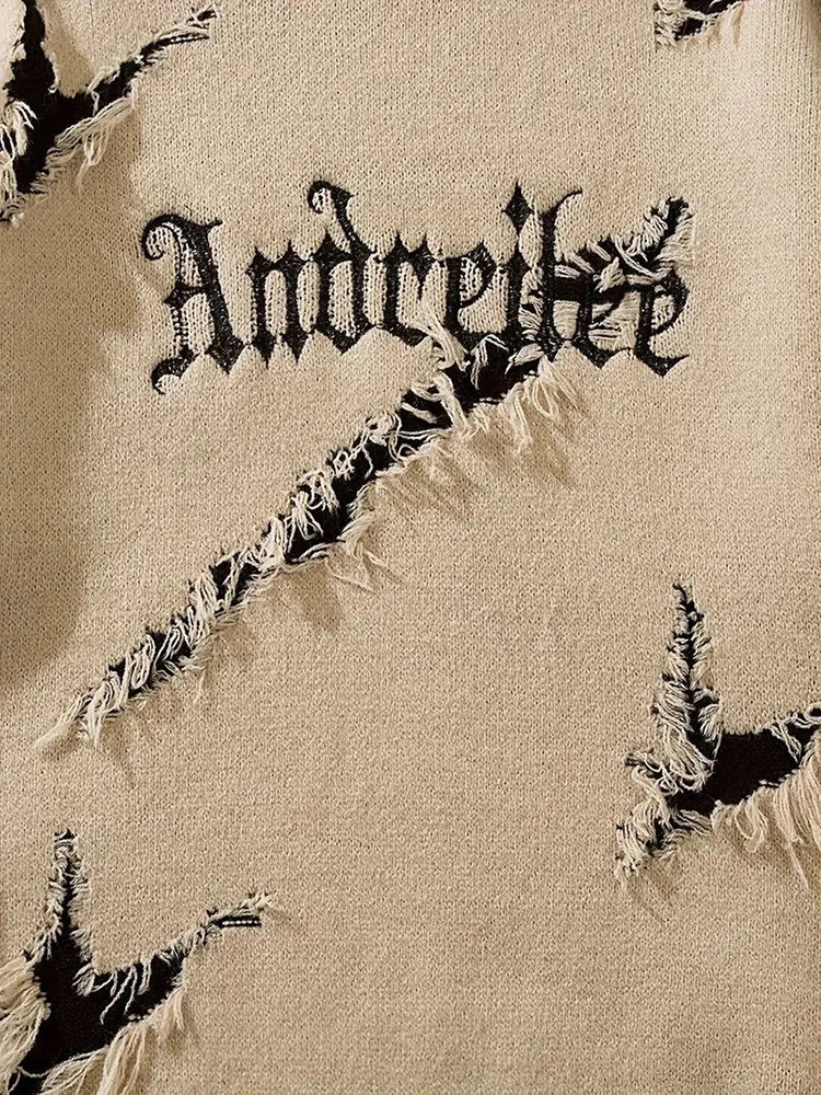 Y2K Style Mens Sweaters Spring Trendy Letter Jacquard Ripped Knit Sweater For Men Streetwear Fashion Crew Neck Knit Jumper Tops 250211