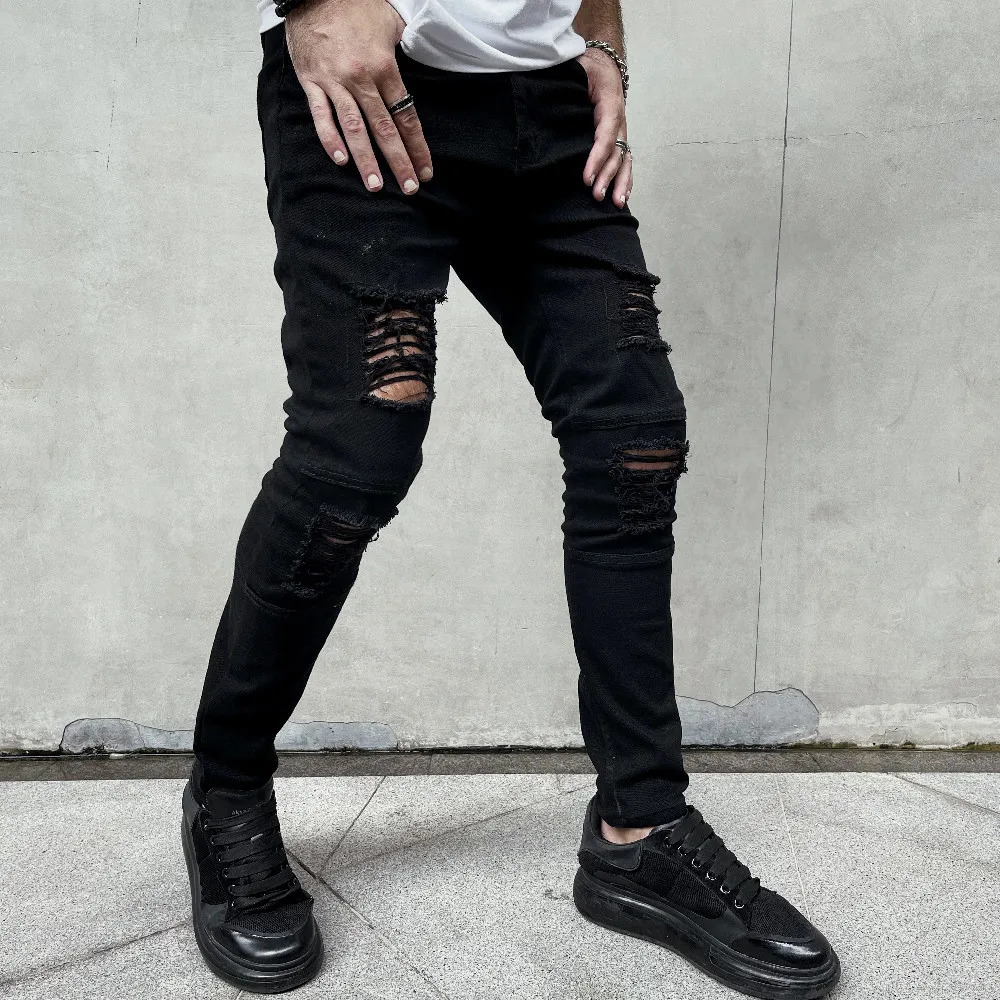 Men High street Hip hop Style Ripped Skinny Pencil Jeans Stylish Slim Holes Casual Denim Pants 250210