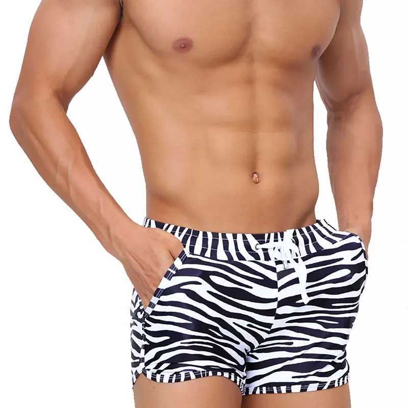 Zebra Printed Swim Trunk Men Sexy Boxer Shorts with Pockets for Surfing and Beach Sports Mens Swimming Pants Swimsuit Swimwear W250214