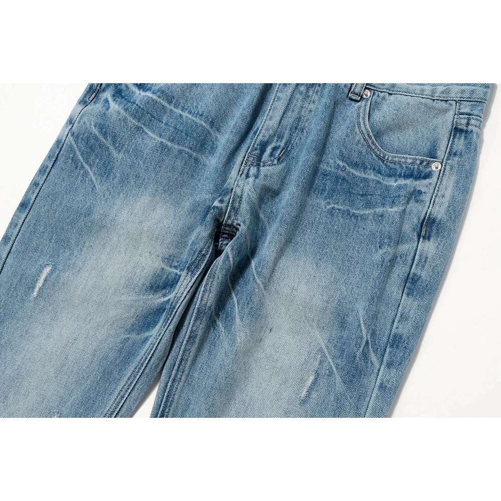 Streetwear Ropa Hombre Lighing Pattern Split Jeans For Men Washed Pocket Baggy Casual Denim Trousers Oversized Cargos